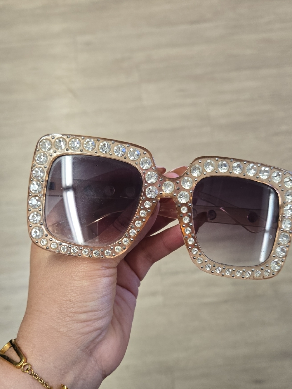 Crystal-Embellished Pink Oversized Square Sunglasses